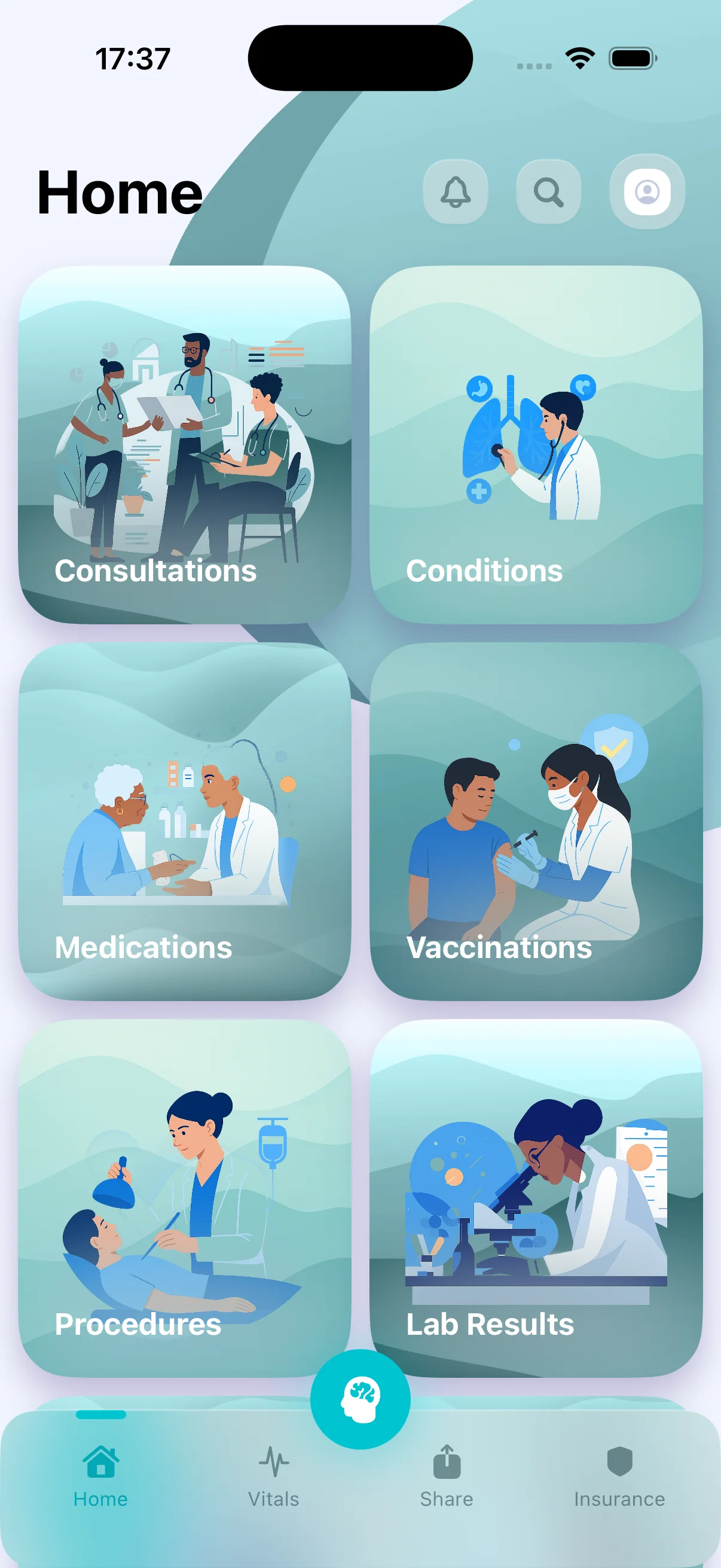 Healthalitics app home screen showing the structured health categories